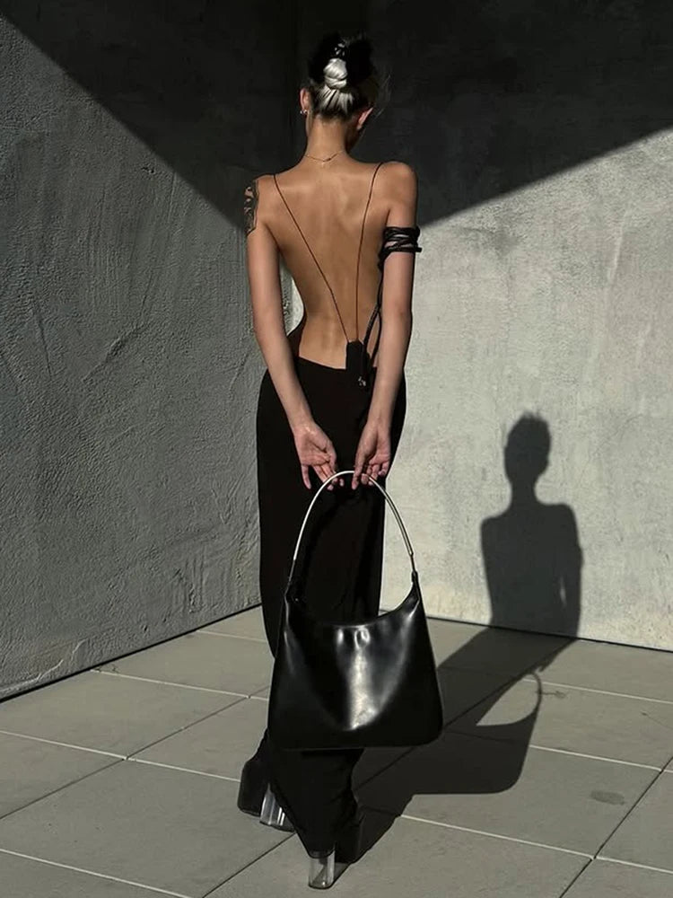 Sisterlinda Sexy Cross Backless Dress Women Trend Metal Cube Sleeveless Low-Neck Coquette Midnight Party Club Stretch Vestidos