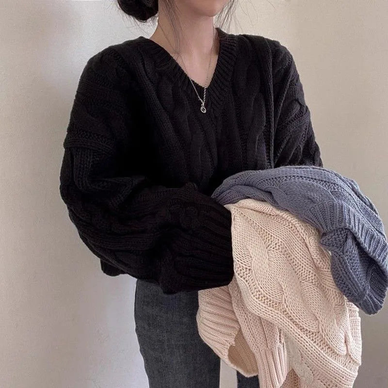 Vintage Twist Cropped Sweater Pullover Women Autumn Winter Loose V-Neck Knitted Jumper Lazy Style Classic Long Sleeve Knitwear