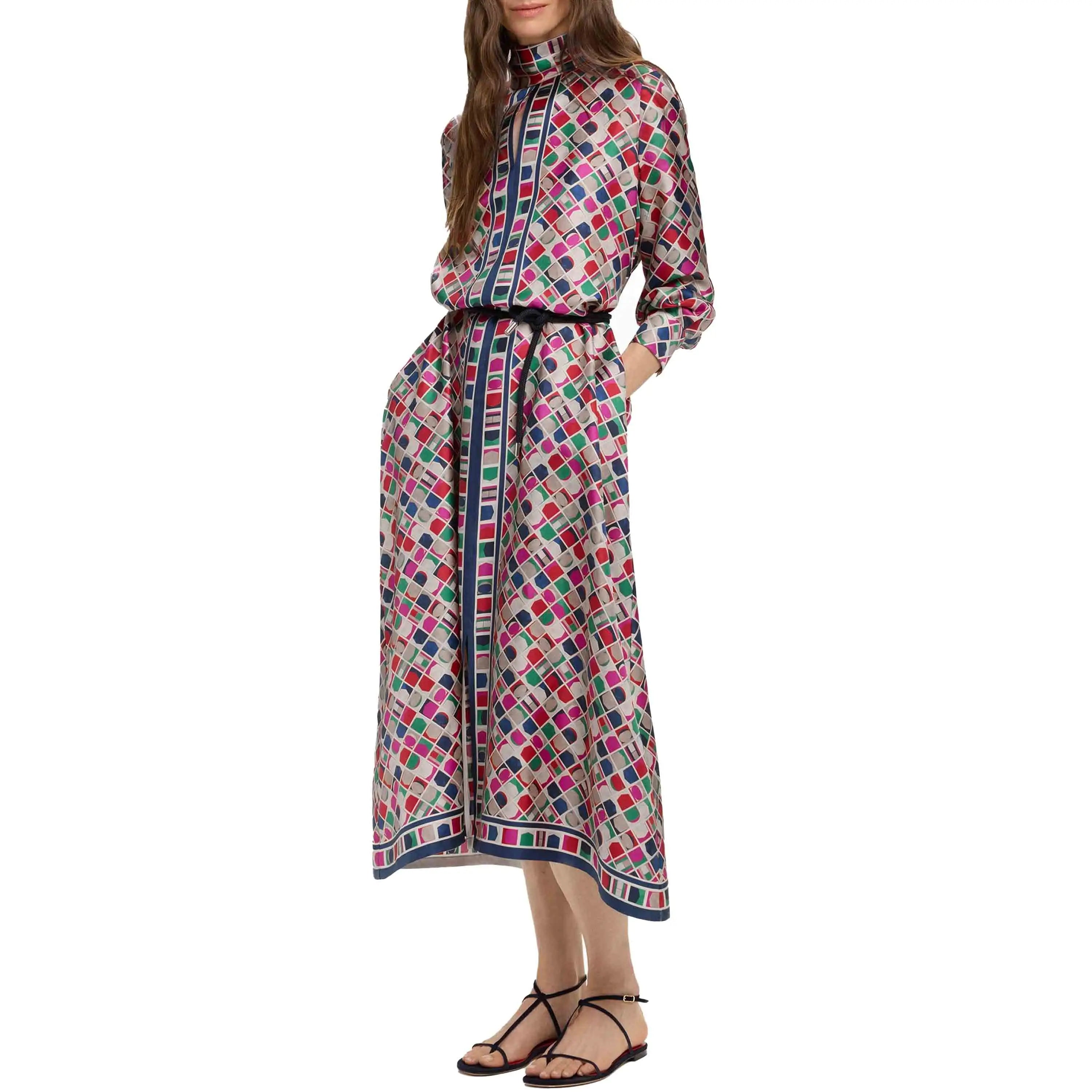 Women Vintage Printed Long Dresses 2025 New Fashion Women Long Sleeve Belt Midi Dress Ladies Elegant Party Dresses