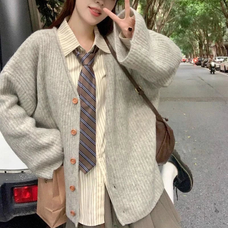 Striped Knit Sweater Women Loose Fashion High Street Long-sleeved Fall Winter Button Cardigan Harajuku JK Lazy School Jumpers